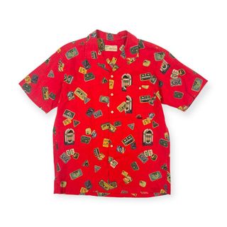 PAPAS ISLAND パパス リネン100% オープンカラー レコード ジュークボックス柄 半袖シャツ サイズ M/レッド/麻(その他)