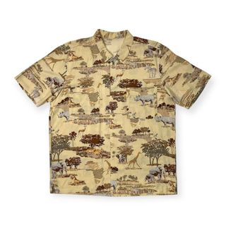 PAPAS パパス ISLAND 動物総柄 シルク100% 半袖シャツ サイズ 50/L /絹100% /イエローベージュ系/日本製(その他)