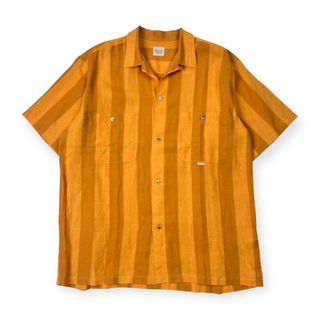 リネン100% Papas パパス ストライプ 半袖 オープンカラーシャツ M/イエロー系 メンズ アロハシャツ(その他)