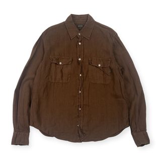 リネン100% Henry Cotton’s ヘンリーコットンズ ダブルポケット 長袖シャツ 41/ブラウン メンズ(シャツ)