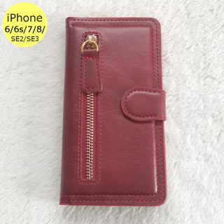 左ジッパー 手帳型 iPhone6/6s/7/8/SE2/SE3ケース レッド(iPhoneケース)