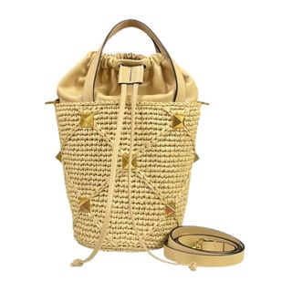 バレンティノ(VALENTINO)のヴァレンチノ ローマンスタッズバケットバッグ ショルダーバッグ ラフィア ベージュ レディース Valentino  中古(ショルダーバッグ)