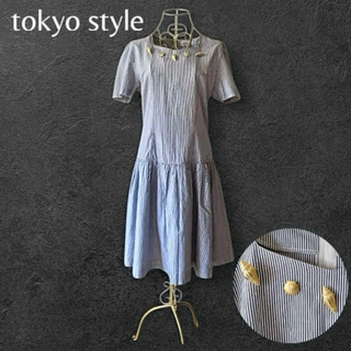 美品YOKYO STYLE 貝殻 ストライプワンピース ギャザー＆フレア 11号