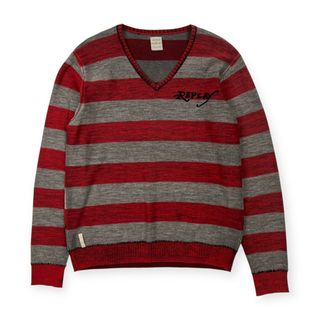 リプレイ(Replay)のREPLAY リプレイ ボーダー柄 Vネック 長袖 ウールニットセーター 風 カットソー Tシャツ サイズ XL /メンズ/レッド×グレー(ニット/セーター)