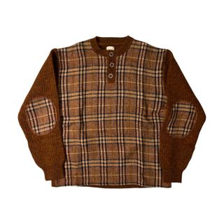 カールヘルム(Karl Helmut)のKarl Helmut カールヘルム ヘンリーネック エルボーパッチ 切替チェック ウール セーター M/オレンジブラウン(その他)