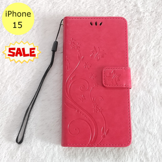 セール中♪ 蝶 手帳型 iPhone15 iPhoneケース ローズレッド(iPhoneケース)