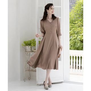 DRESS+ プリーツ切替 Aラインワンピース フロントボタン付き XL お洒落(ロングワンピース/マキシワンピース)