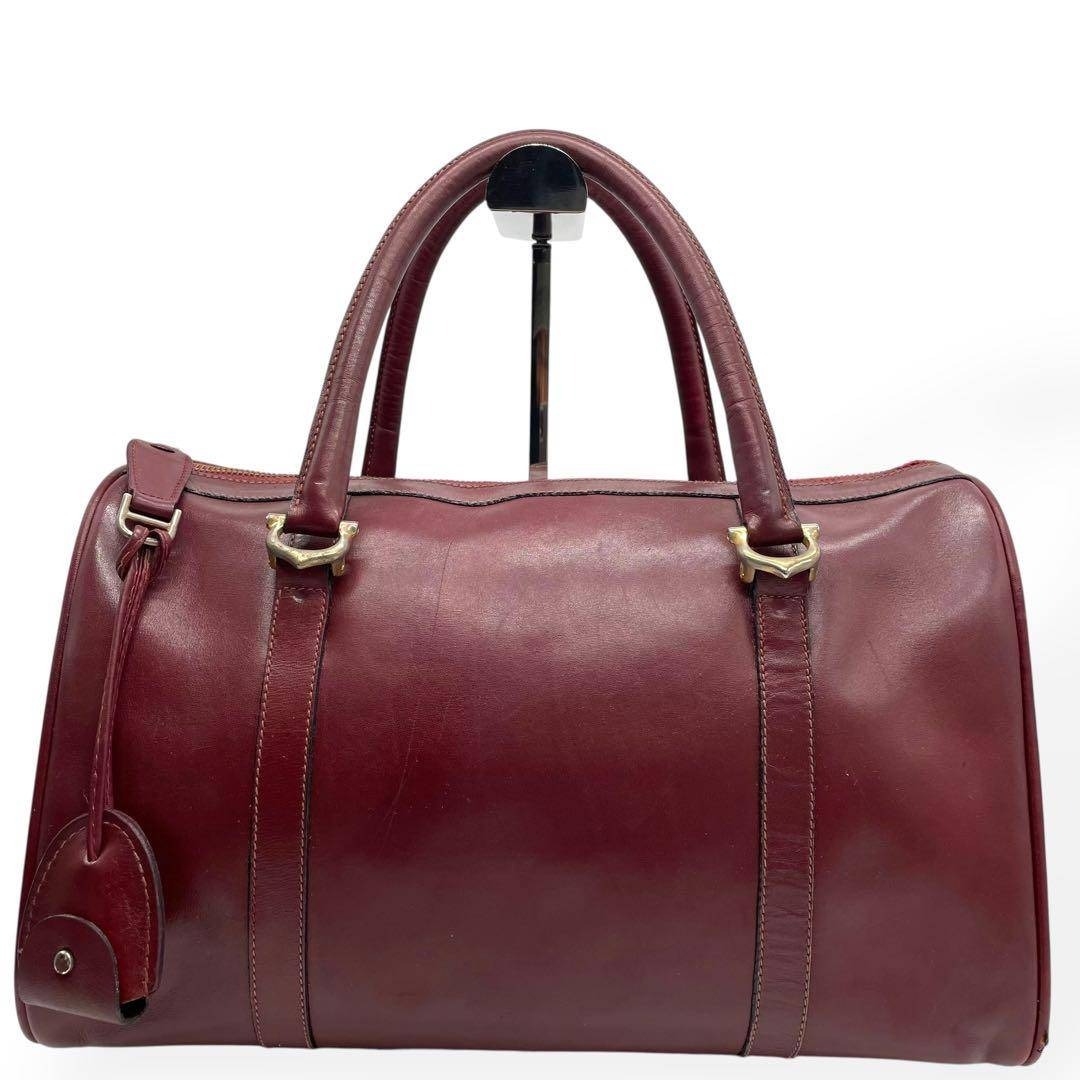 美品 Cartier ボストンバッグ ビッグロゴ 南京錠 ゴールド金具 ボルドー 美品 Cartier ボストンバッグ ビッグロゴ 南京錠 ゴールド金具