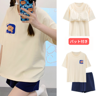 レディース ルームウェア 半袖 パッド付き 上下セット  M　かわいい(ルームウェア)
