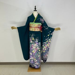 お振袖フルセット　7点セット　ブルーグリーン　小花文様　正絹　美品(振袖)