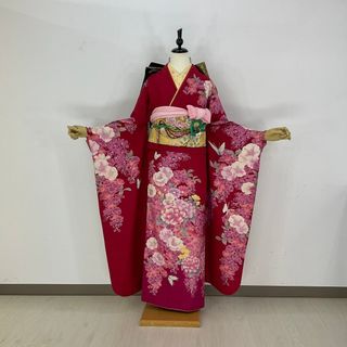 お振袖フルセット　7点セット　赤　金通し　蝶　正絹　美品