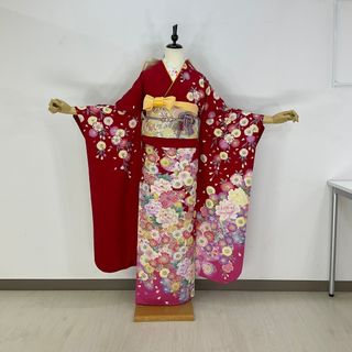 お振袖フルセット　7点セット　赤　ふんわり　正絹　美品(振袖)