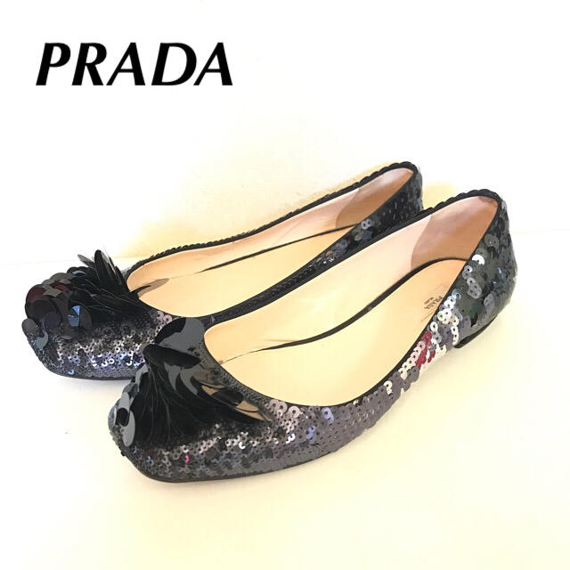 PRADA(プラダ)の定価8万◎美品◎PRADA スパンコールフラットシューズ フラワーモチーフ レディースの靴/シューズ(バレエシューズ)の商品写真