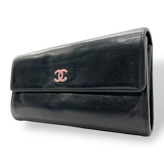 シャネル(CHANEL)のCHANEL シャネル ココマーク ラッキーフラワー クローバー 二つ折り 長財布 レザー 黒 ブラック フラワープリント レディース ヴィンテージ W5(財布)