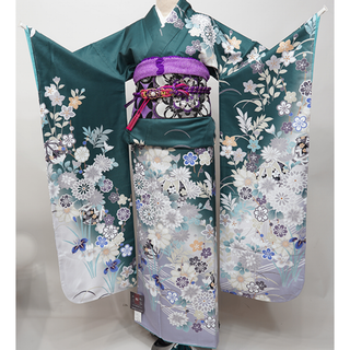 振袖 着物 単品 合繊 HL アッシュエル 絵羽柄 深緑色 ダスティーカラー(振袖)