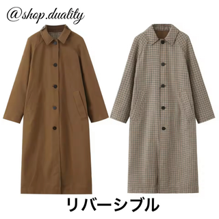 🐿️9月新作🌰18019◆リバーシブル チェック 柄 ロング ステンカラーコート(ロングコート)