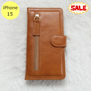 セール中♪ 左ジッパー 手帳型 iPhone15ケース ブラウン