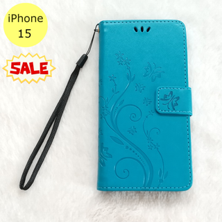 セール中♪ 蝶 手帳型 iPhone15 iPhoneケース 水色
