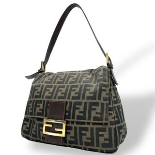 フェンディ(FENDI)の美品 フェンディ FENDI マンマバケット ショルダーバッグ ズッカ柄 ブラウン 茶色 キャンバス×レザー FFロゴ金具 金金具 ビンテージ レディース C7(ショルダーバッグ)