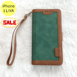 セール中♪ レトロ 手帳型 iPhone11/XRケース グリーン(iPhoneケース)