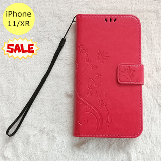 セール中♪ 蝶 手帳型 iPhone11/XR iPhoneケース ローズレッド