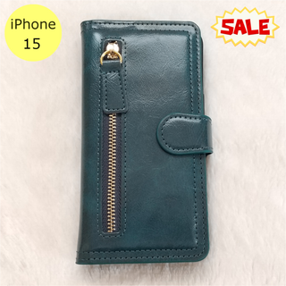 セール中♪ 左ジッパー 手帳型 iPhone15ケース グリーン(iPhoneケース)