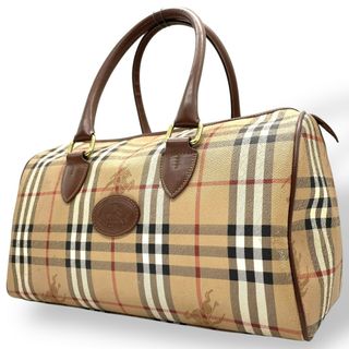 バーバリー(BURBERRY)のBURBERRY バーバリー ノバチェック シャドーホース ホースロゴ ボストンバッグ 茶 ブラウン ベージュ PVC レザー ゴールド金具 手提げ ヴィンテージ メンズ レディース E(ボストンバッグ)