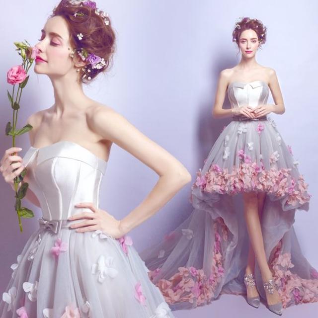イブニングドレス　フォーマルドレス　ウエディング　ベアトップ　ミニ　花嫁　 レディースのフォーマル/ドレス(ウェディングドレス)の商品写真