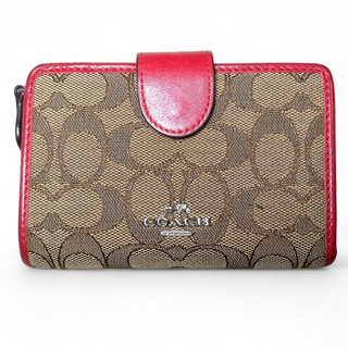 COACH 二つ折り財布　シグネチャー　ベージュ×レッド