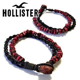 ホリスター(Hollister)の送料無料 メンズ レディース ブレスレット レッド系 HOLLISTER Co. ホリスター ホリスターレザーウッドビーズ編み込み2連ブレスレット hob03(ブレスレット)