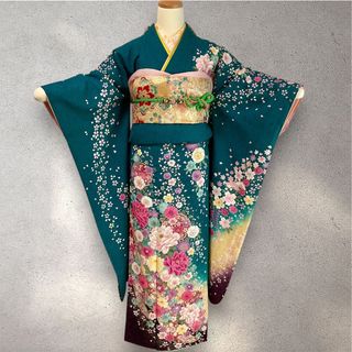 振袖　振袖フルセット　グリーン系　青緑系　銀通し　刺繍　牡丹　桜　雪輪(振袖)