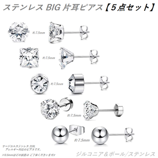 ステンレスＢＩＧ 片耳ピアス／５タイプ【５個セット】新品 