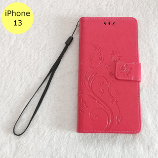 かわいい 蝶 手帳型 iPhone13 iPhoneケース ローズレッド(iPhoneケース)
