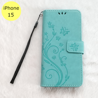 蝶 手帳型 iPhone15 iPhoneケース グリーン(iPhoneケース)