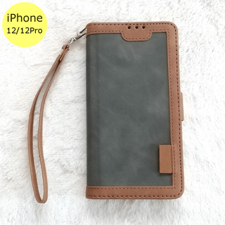 レトロ 手帳型 iPhone12/12Proケース グレー(iPhoneケース)
