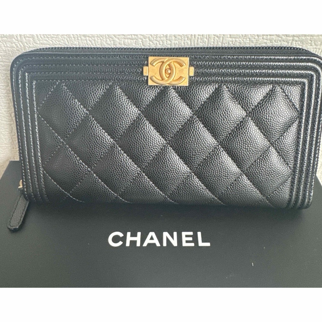 CHANEL キャビアスキン ボーイシャネルゴールド金具 ブラック 長財布