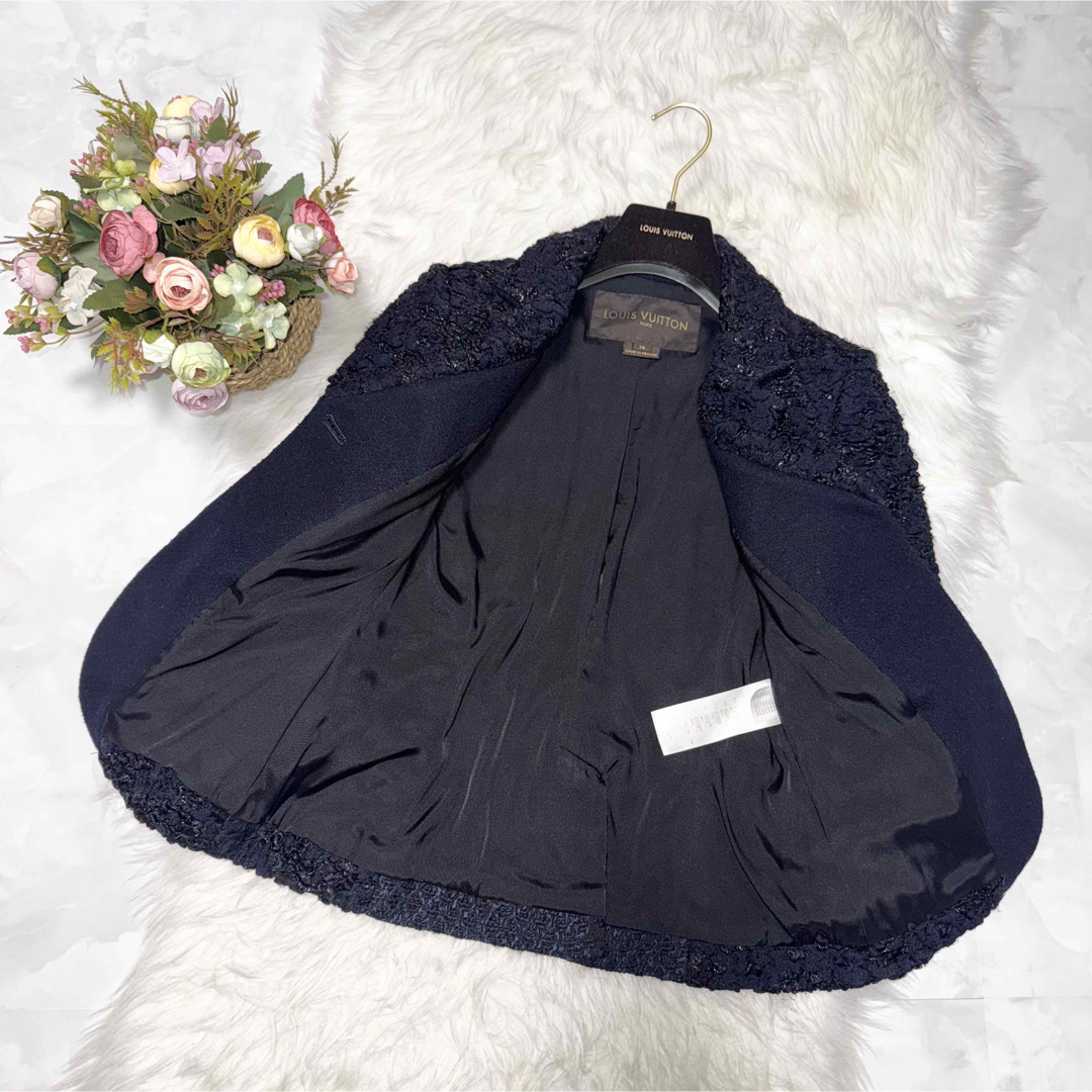 本物 ルイヴィトン 1B フラワー ツイード調 切替デザイン ジャケット 36 本物 ルイヴィトン 1B フラワー ツイード調 切替デザイン ジャケット 36