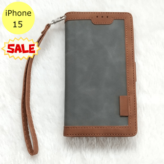 セール中♪ レトロ 手帳型 iPhone15ケース グレー(iPhoneケース)