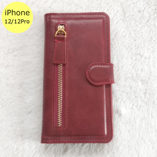 左ジッパー 手帳型 iPhone12/12Proケース レッド(iPhoneケース)
