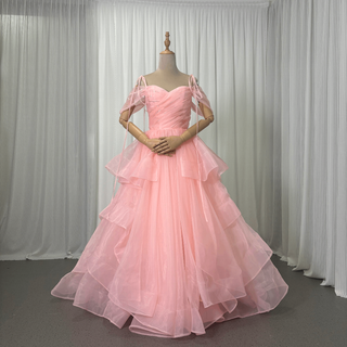 新品在庫処分！激安！カラードレス 上質オーガンジー ピンクオフショルダー 結婚式(ウェディングドレス)