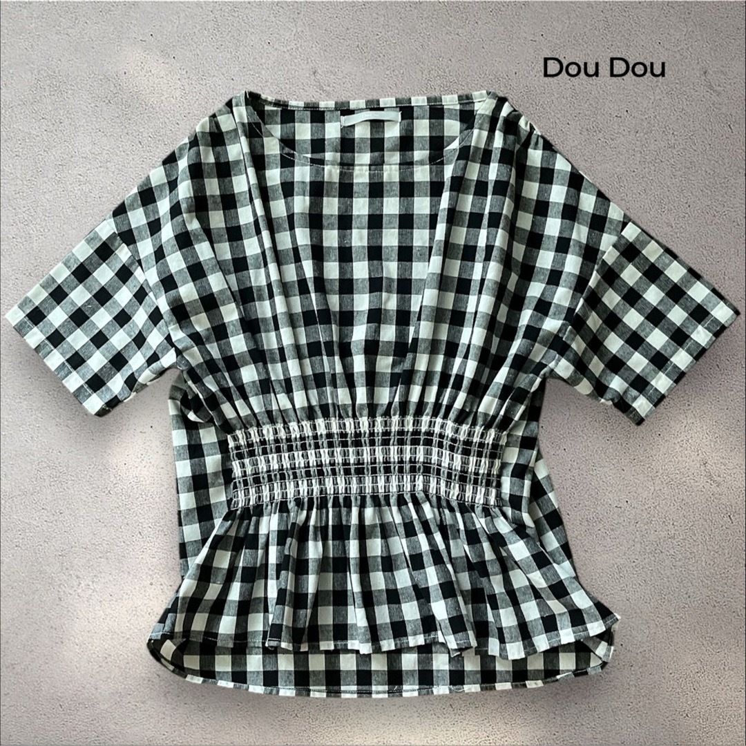 DouDou(ドゥドゥ)のDouDou ドゥドゥ ギンガムチエック シャーリング ブラウス フリーサイズ レディースのトップス(シャツ/ブラウス(半袖/袖なし))の商品写真