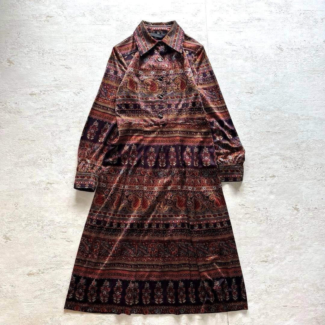Lochie(ロキエ)の昭和レトロ アンティーク調 幾何学×ペイズリー柄 ロングワンピース 長袖 E レディースのワンピース(ロングワンピース/マキシワンピース)の商品写真