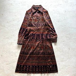 ロキエ(Lochie)の昭和レトロ アンティーク調 幾何学×ペイズリー柄 ロングワンピース 長袖　E(ロングワンピース/マキシワンピース)