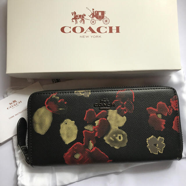 新品★コーチCOACH★フローラルプリントレザーラウンドジップ長財布BKマルチ