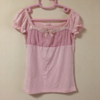 ピンキーガールズ(PinkyGirls)のPinkyGirls♡ピンクパフ袖カットソー♡シフォンリボンレース(カットソー(長袖/七分))