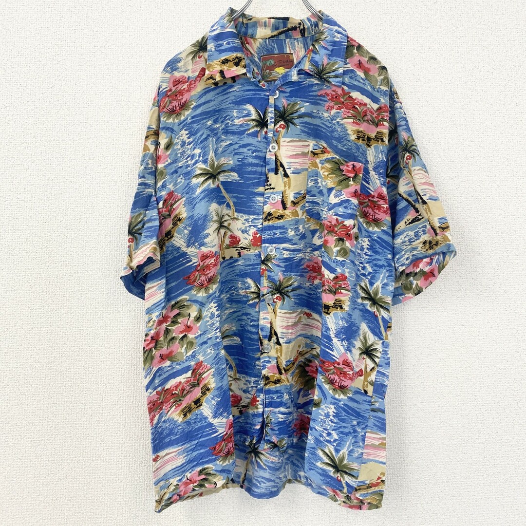 古着 used　半袖プリント柄シャツ　青　ブルー　総柄　開襟　アロハシャツ　派手　ハワイアン　カラフル　XLサイズ　 メンズのトップス(シャツ)の商品写真