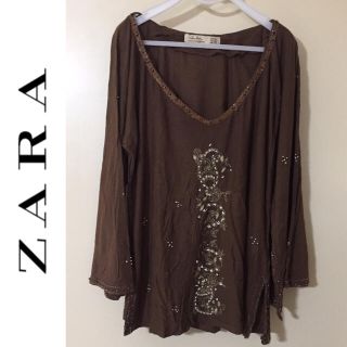 ザラ(ZARA)のてぃあら様専用 ◆ ZARA  ビーズ刺繍 ベルスリーブTシャツ  L  濃茶 (カットソー(長袖/七分))