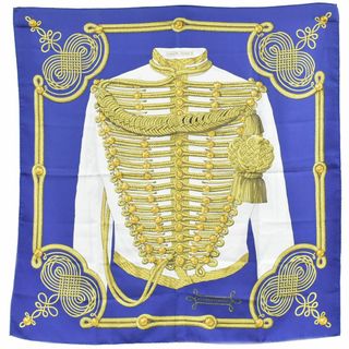 エルメス(HERMES)の本物 エルメス HERMES スカーフカレ カレ90 BRANDEBOURGS ブランデンブルク飾り スカーフ ショール シルク ブルー ゴールド 服飾小物 中古・(バンダナ/スカーフ)