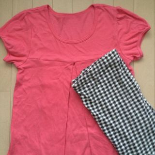 授乳口付き 半袖ワンピ＆チェックレギンス(マタニティウェア)