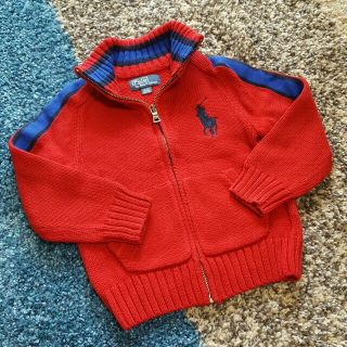 ポロラルフローレン(POLO RALPH LAUREN)のラルフローレン　ビックポニー　レッド×ブルーラインニットパーカー　100(カーディガン)